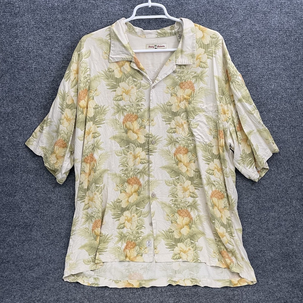 Tommy Bahama Hawaiian Shirt Mens Sz 2XL Classic Floral Beige Short Sleeve Button